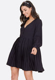 Black Button Down Smock Dress with Pleat Skirt