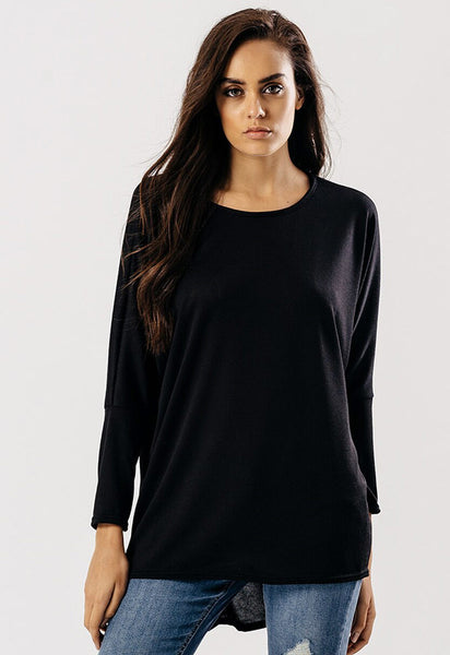 Black Jersey Long Sleeves Dip Hem Top