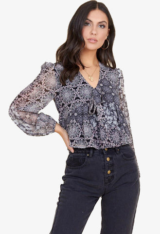 Black Moroccan Tile Tie Front Blouson Sleeve Top