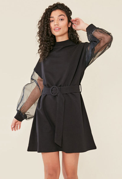 Black High Neck Organza Sleeve Self Belted Sweat Dress