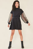 Black High Neck Organza Sleeve Self Belted Sweat Dress