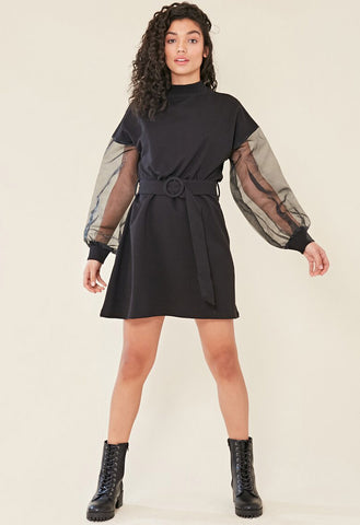 Black High Neck Organza Sleeve Self Belted Sweat Dress