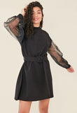 Black High Neck Organza Sleeve Self Belted Sweat Dress