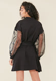 Black High Neck Organza Sleeve Self Belted Sweat Dress