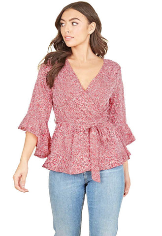 Red White Mini Scattered Spot Frill Sleeve Wrap Top