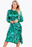 Green Satin Animal Print Tie Front Detail Bias Cut Midi Dress