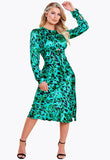 Green Satin Animal Print Tie Front Detail Bias Cut Midi Dress