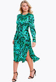 Green Satin Animal Print Tie Front Detail Bias Cut Midi Dress