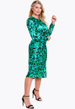 Green Satin Animal Print Tie Front Detail Bias Cut Midi Dress