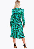 Green Satin Animal Print Tie Front Detail Bias Cut Midi Dress