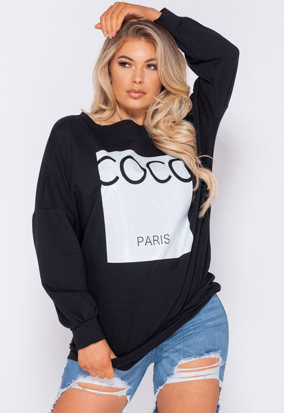 Black Coco Print Oversized Sweatshirt