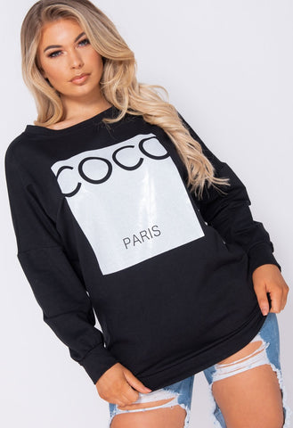 Black Coco Print Oversized Sweatshirt