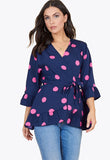 Navy Pink Large Spot Frill Detail Wrap Top