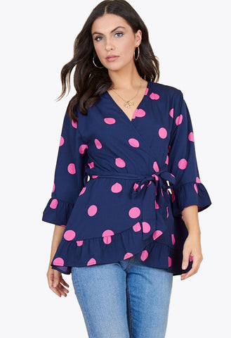 Navy Pink Large Spot Frill Detail Wrap Top