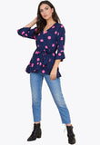 Navy Pink Large Spot Frill Detail Wrap Top