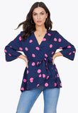 Navy Pink Large Spot Frill Detail Wrap Top