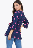 Navy Pink Large Spot Frill Detail Wrap Top