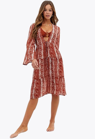 Rust Snake Print Tiered Tie Front Beach Cover Up