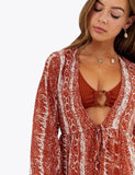 Rust Snake Print Tiered Tie Front Beach Cover Up