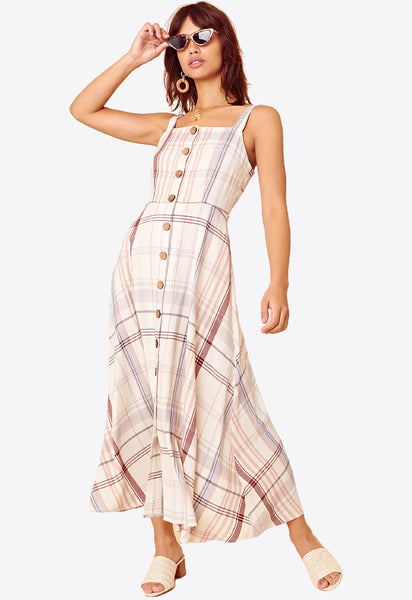 Beige Check Strappy Midaxi Button Front Dress