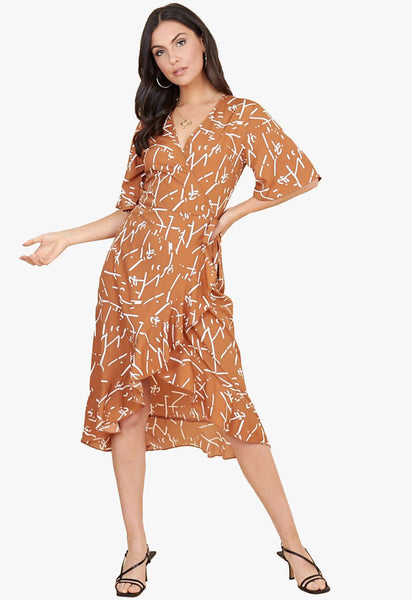 Brown and White Scribble Print Wrap Midi Dress