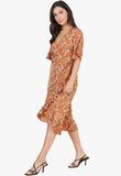 Brown and White Scribble Print Wrap Midi Dress