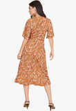 Brown and White Scribble Print Wrap Midi Dress