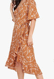 Brown and White Scribble Print Wrap Midi Dress