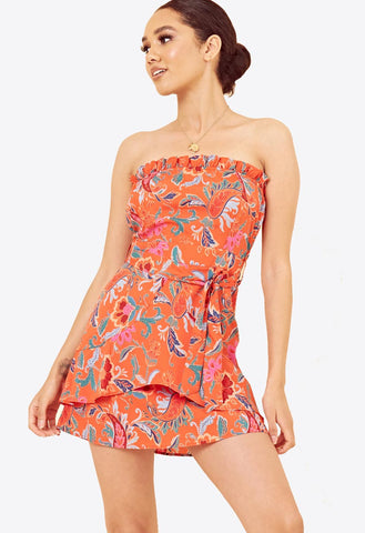 Orange Paisley Tie Front Bandeau Ruffle Edge Mini Dress