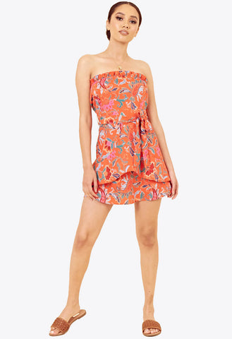 Orange Paisley Tie Front Bandeau Ruffle Edge Mini Dress