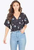 Black Blue Floral Angel Sleeve Peplum Hem Tea Top