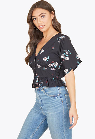 Black Blue Floral Angel Sleeve Peplum Hem Tea Top