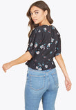 Black Blue Floral Angel Sleeve Peplum Hem Tea Top