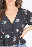 Black Blue Floral Angel Sleeve Peplum Hem Tea Top