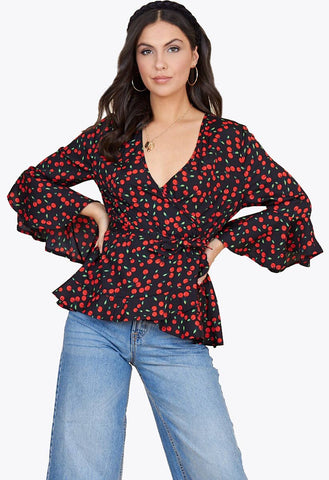 Black Base Cherry Print Flute Sleeve Wrap Blouse