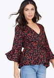 Black Base Cherry Print Flute Sleeve Wrap Blouse