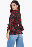 Black Base Cherry Print Flute Sleeve Wrap Blouse