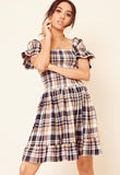 Brown Cotton Brushed Check Shirred Ruffle Hem Dress