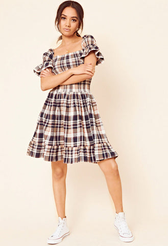 Brown Cotton Brushed Check Shirred Ruffle Hem Dress