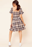 Brown Cotton Brushed Check Shirred Ruffle Hem Dress