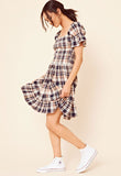 Brown Cotton Brushed Check Shirred Ruffle Hem Dress