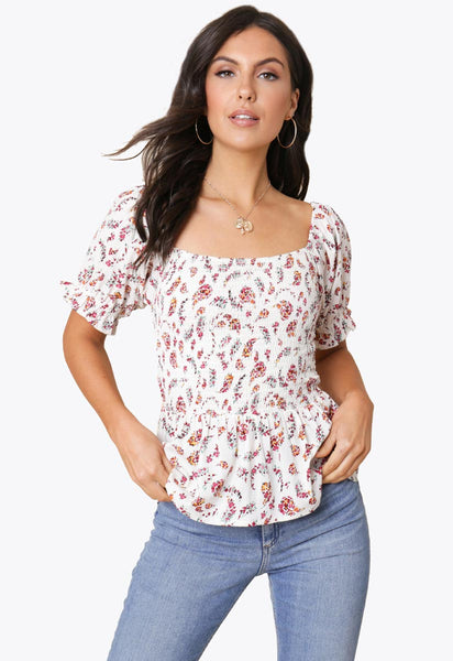 White Ditsy Floral Elastic Bodice Boho Top