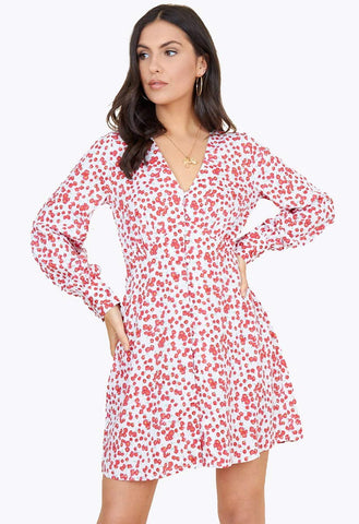 White and Red Ditsy Floral Button Down Mini Tea Dress