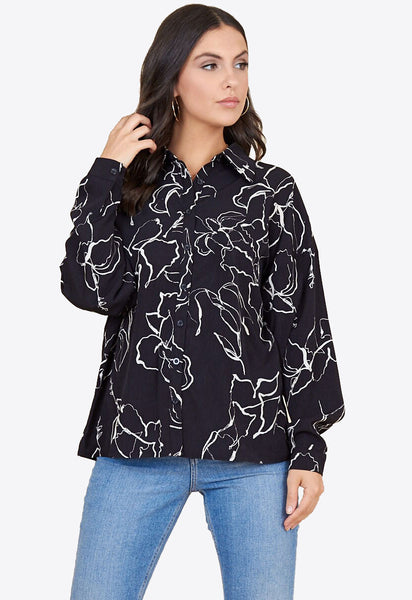 Black White Squiggle Floral Oversized Shirt