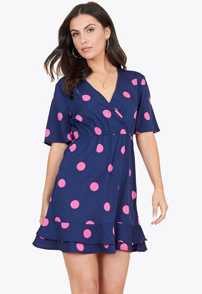 Navy Pink Large Spot Wrap Frill Skirt Mini Dress