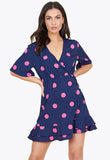 Navy Pink Large Spot Wrap Frill Skirt Mini Dress