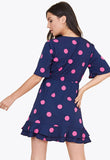 Navy Pink Large Spot Wrap Frill Skirt Mini Dress