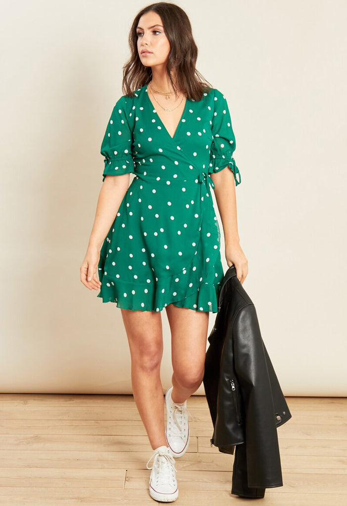 green spot wrap dress Only puff sleeve wrap midi dress in green spot