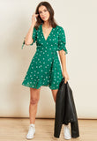 Green Spot Frill Hem Mini Wrap Dress