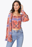 Multi Long Sleeve Square Neck Paisley Print Shirred Top